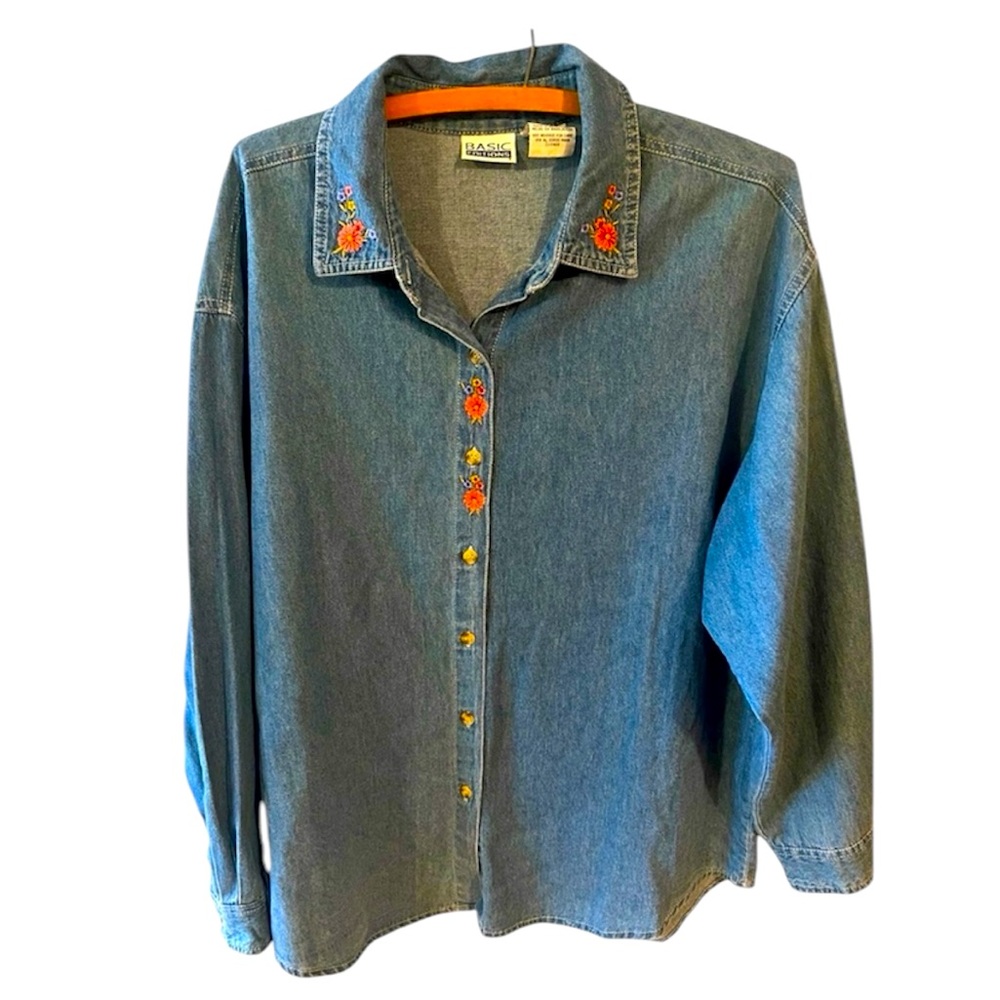 Vintage Denim Blue Workshirt with Peach/Blue/Gold Embroidered Flowers. Size = L